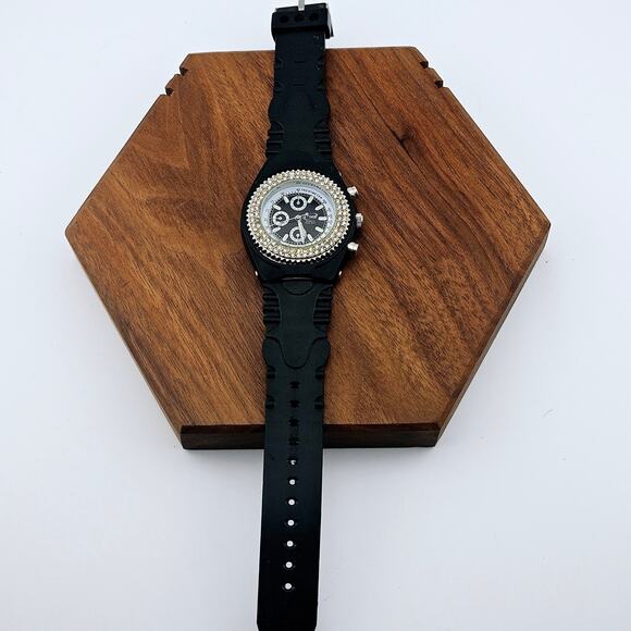 ETime Women's Double Halo Bling Watch Black Band Multifunction Bold Statement - Picture 4 of 6